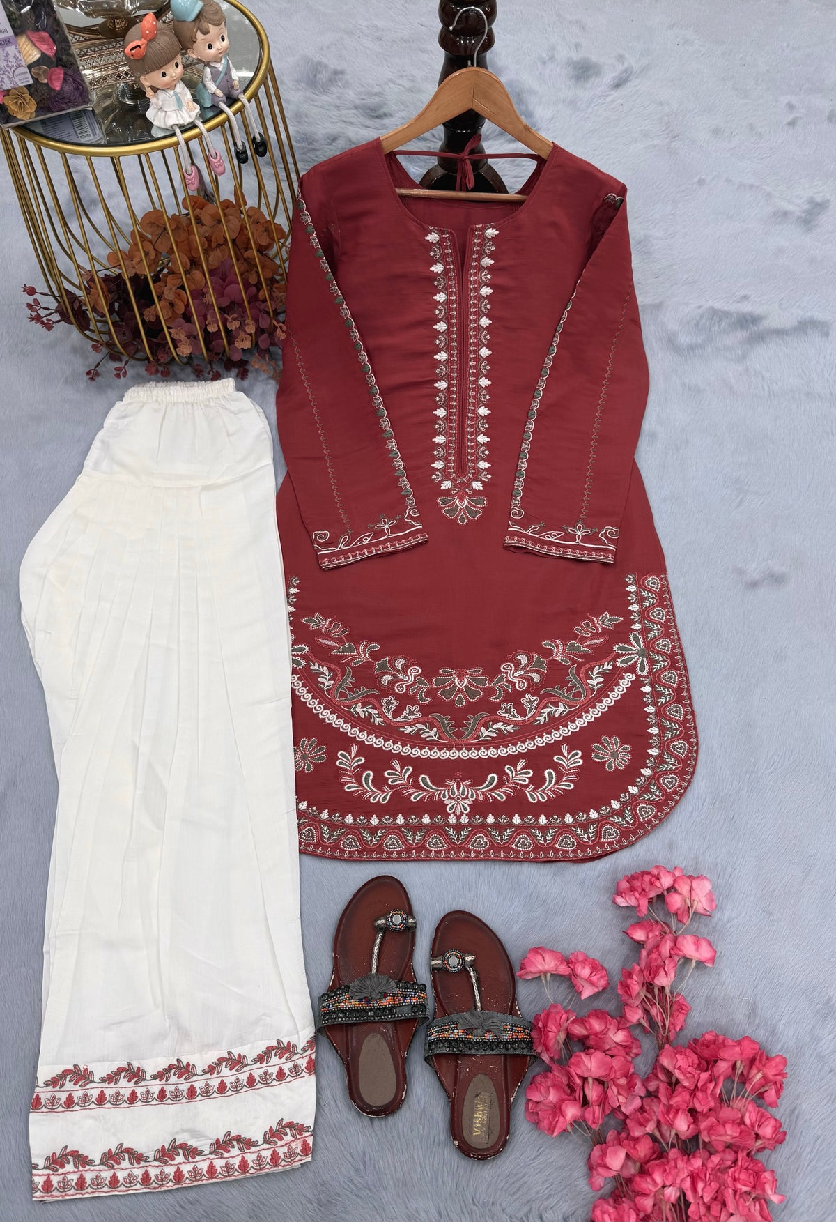 Rust Roman Silk Kurti Palazzo Set, view 5