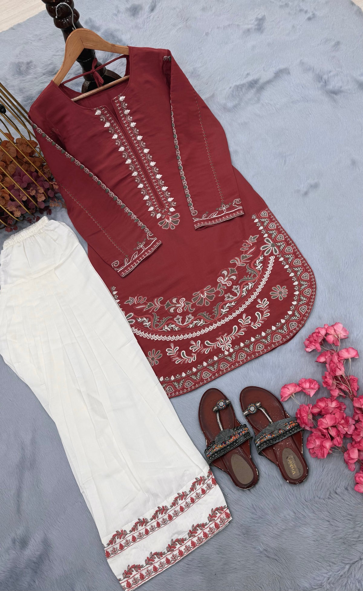 Rust Roman Silk Kurti Palazzo Set, view 6