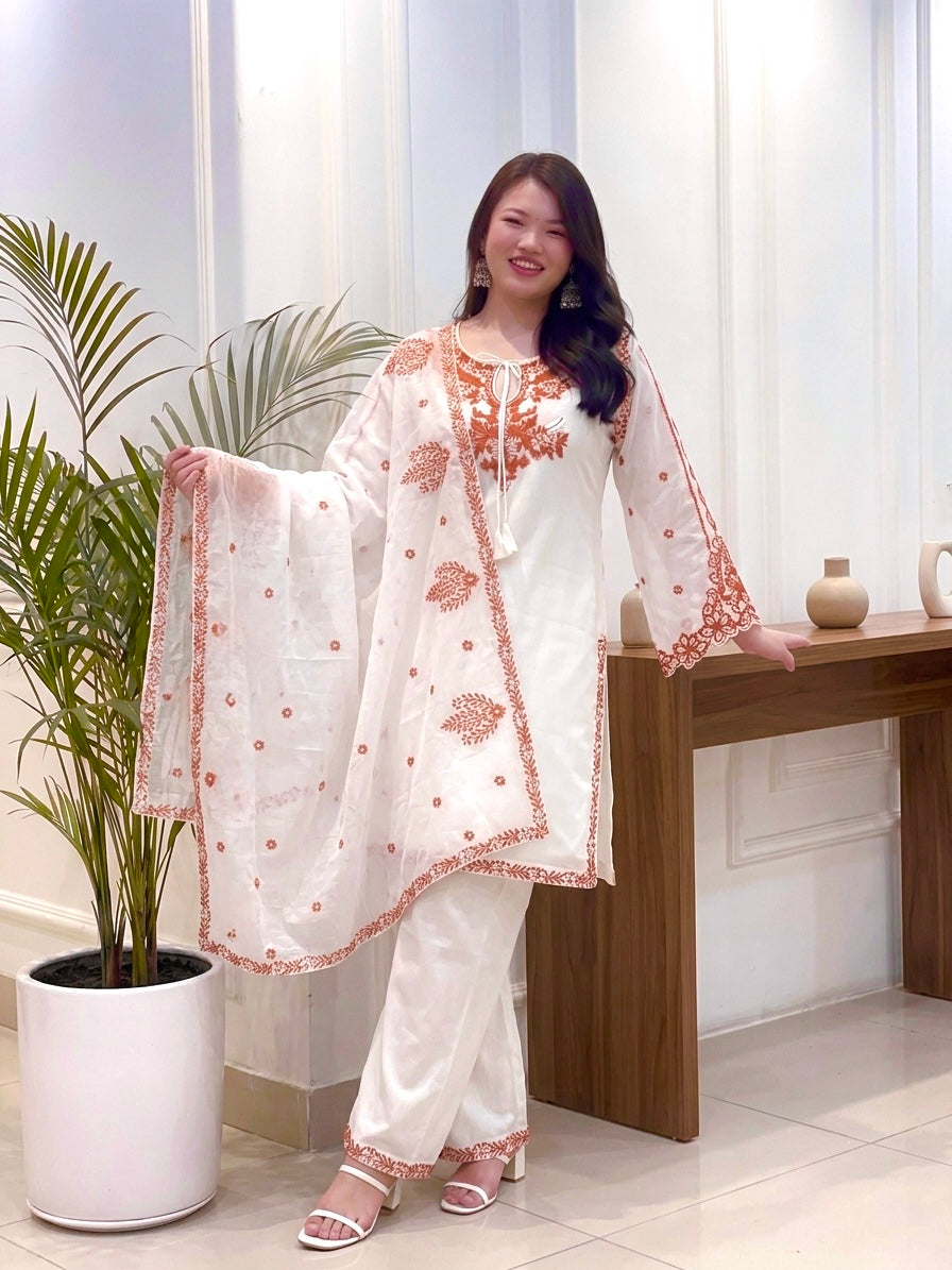 Off-White Roman Silk Kurta Set with Dupatta