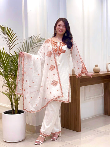 Off-White Roman Silk Kurta Set with Dupatta