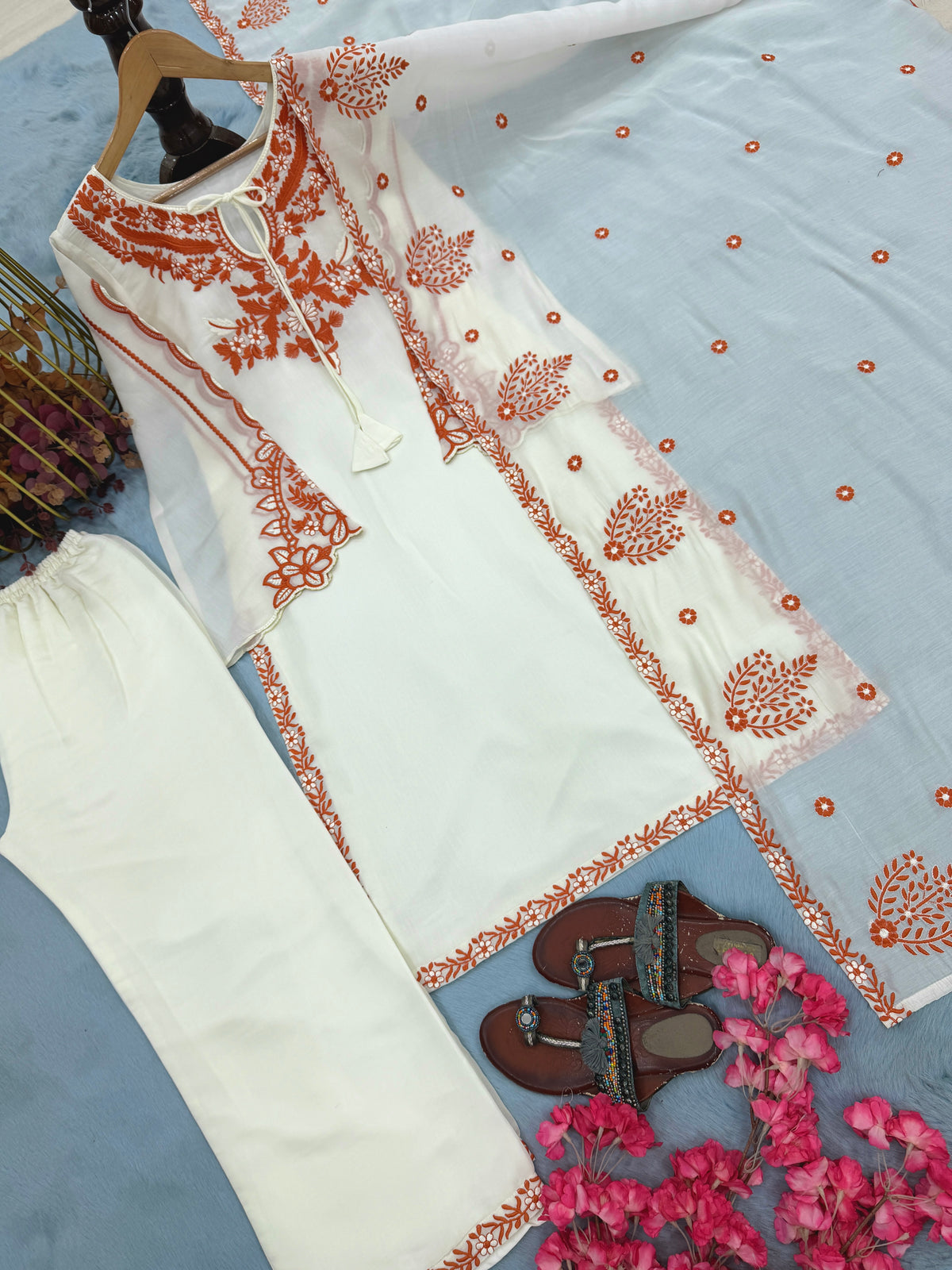 Off-White Roman Silk Kurta Set with Dupatta, view 5