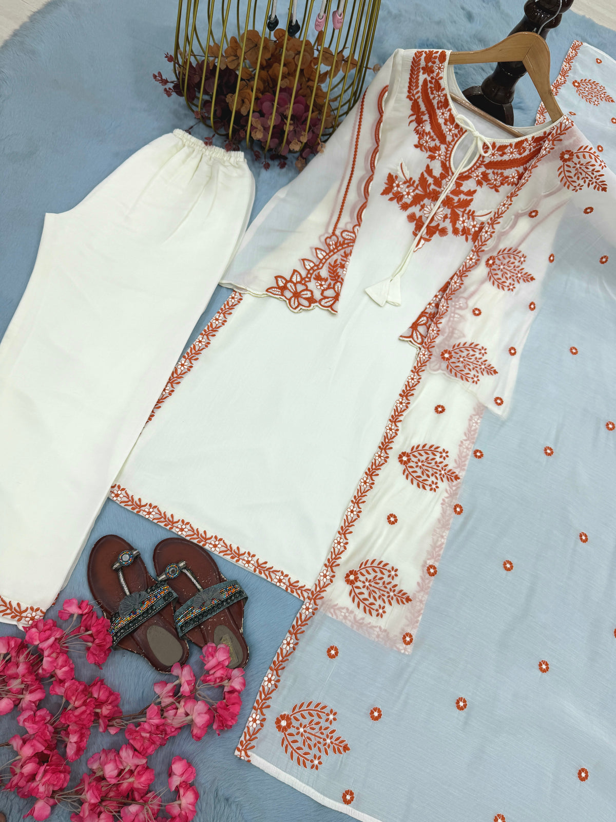 Off-White Roman Silk Kurta Set with Dupatta, view 6