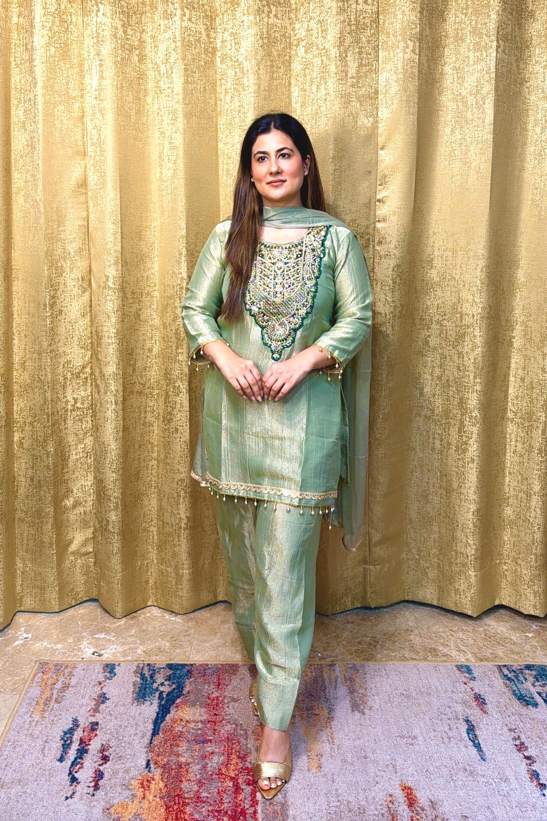 Sage Green Tissue Kurta Palazzo Set