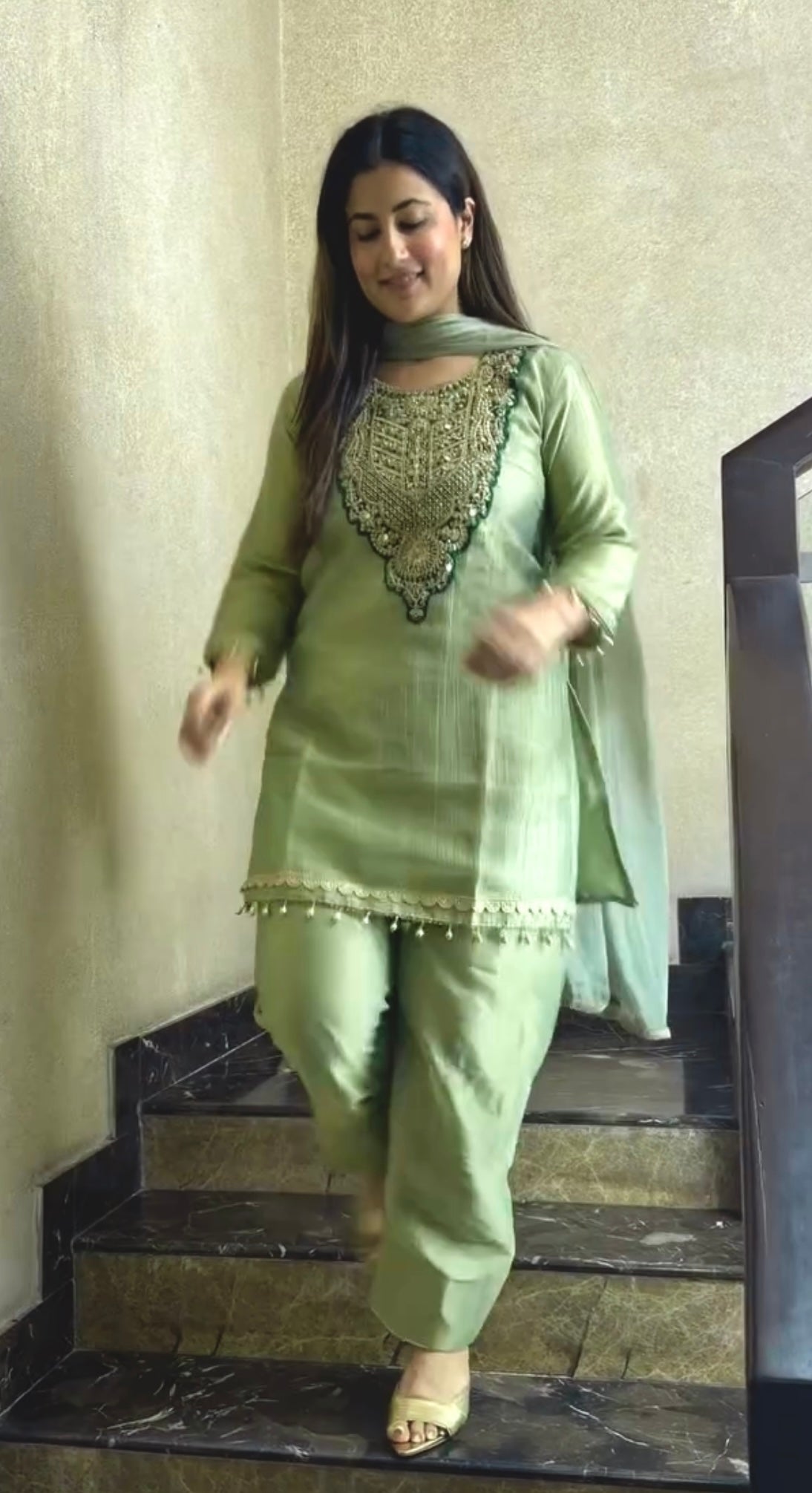 Sage Green Tissue Kurta Palazzo Set, view 3