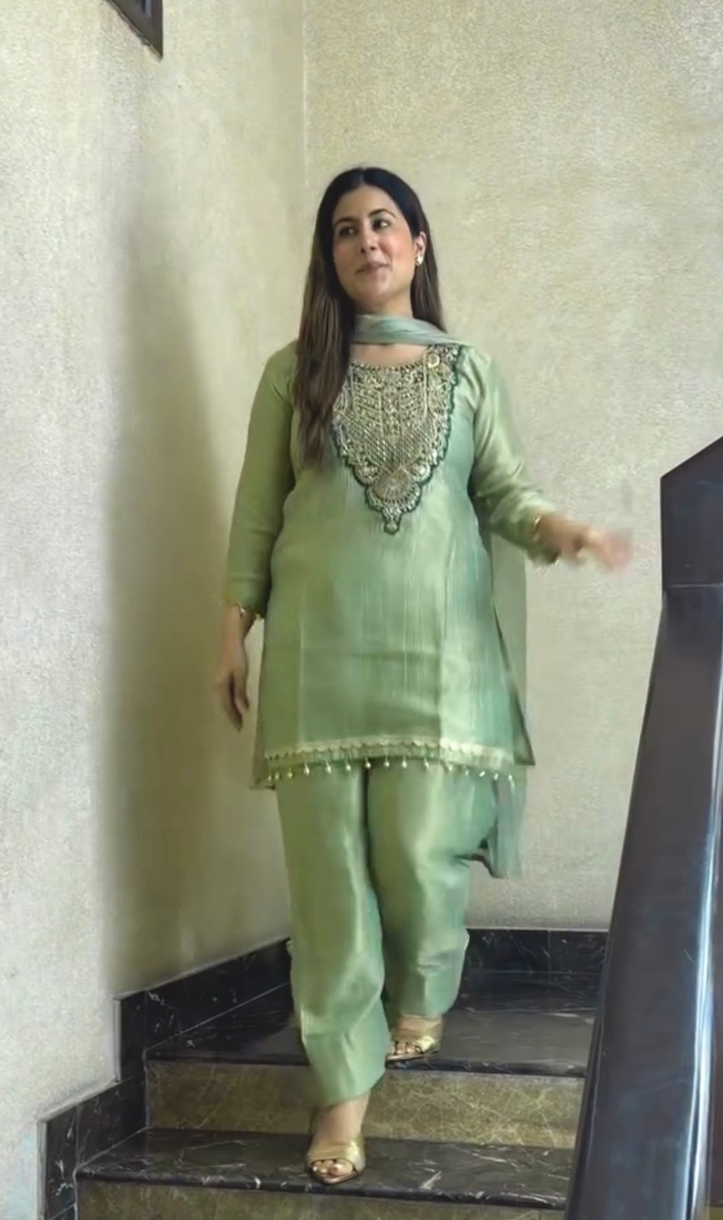 Sage Green Tissue Kurta Palazzo Set, view 2