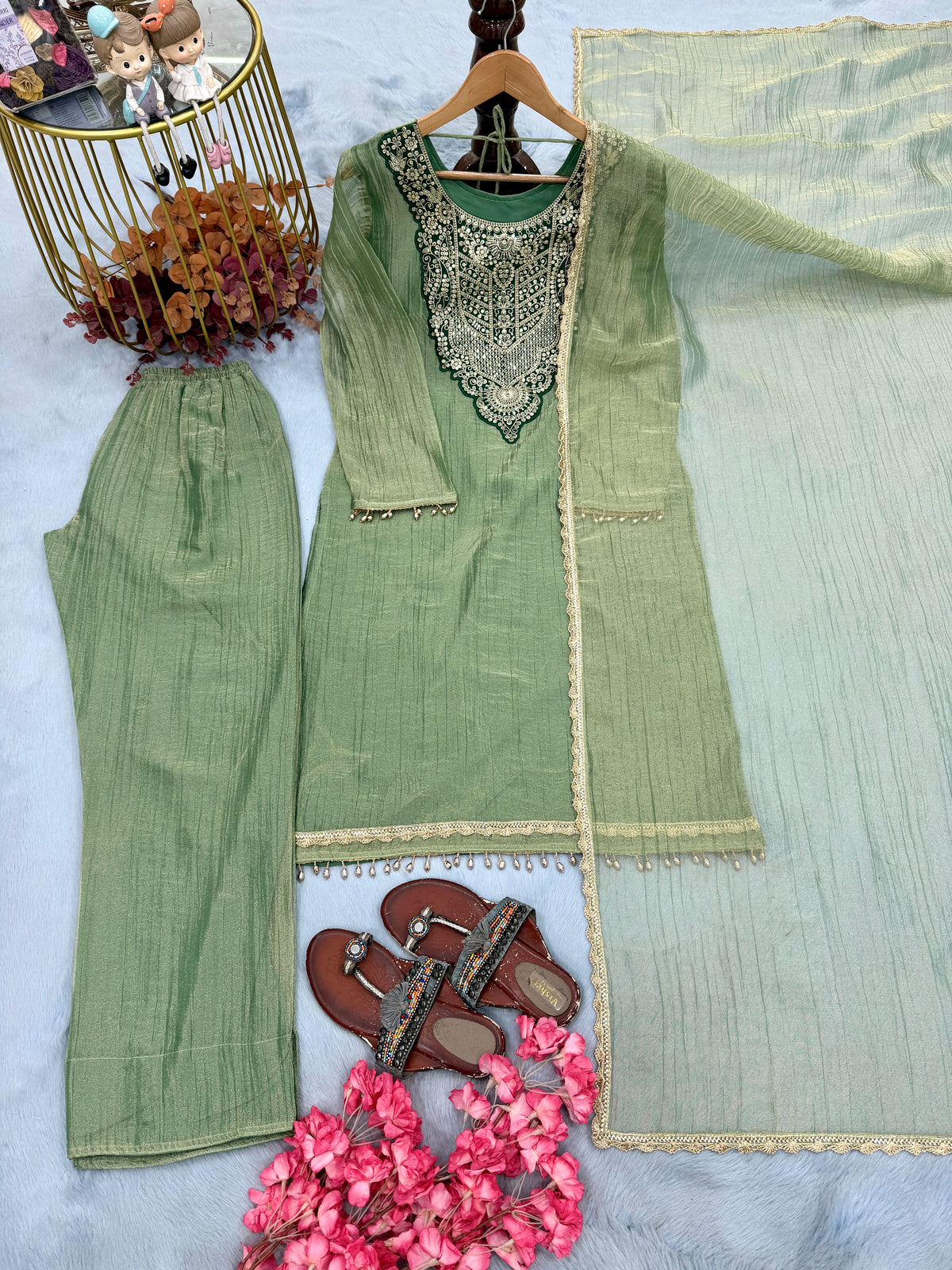 Sage Green Tissue Kurta Palazzo Set, view 4