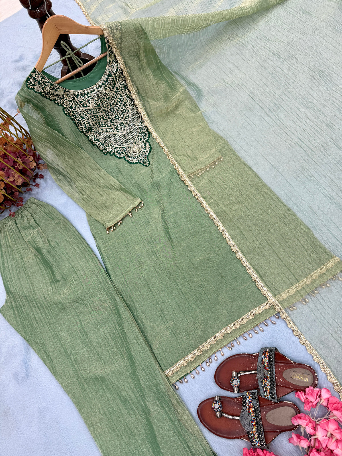 Sage Green Tissue Kurta Palazzo Set, view 5