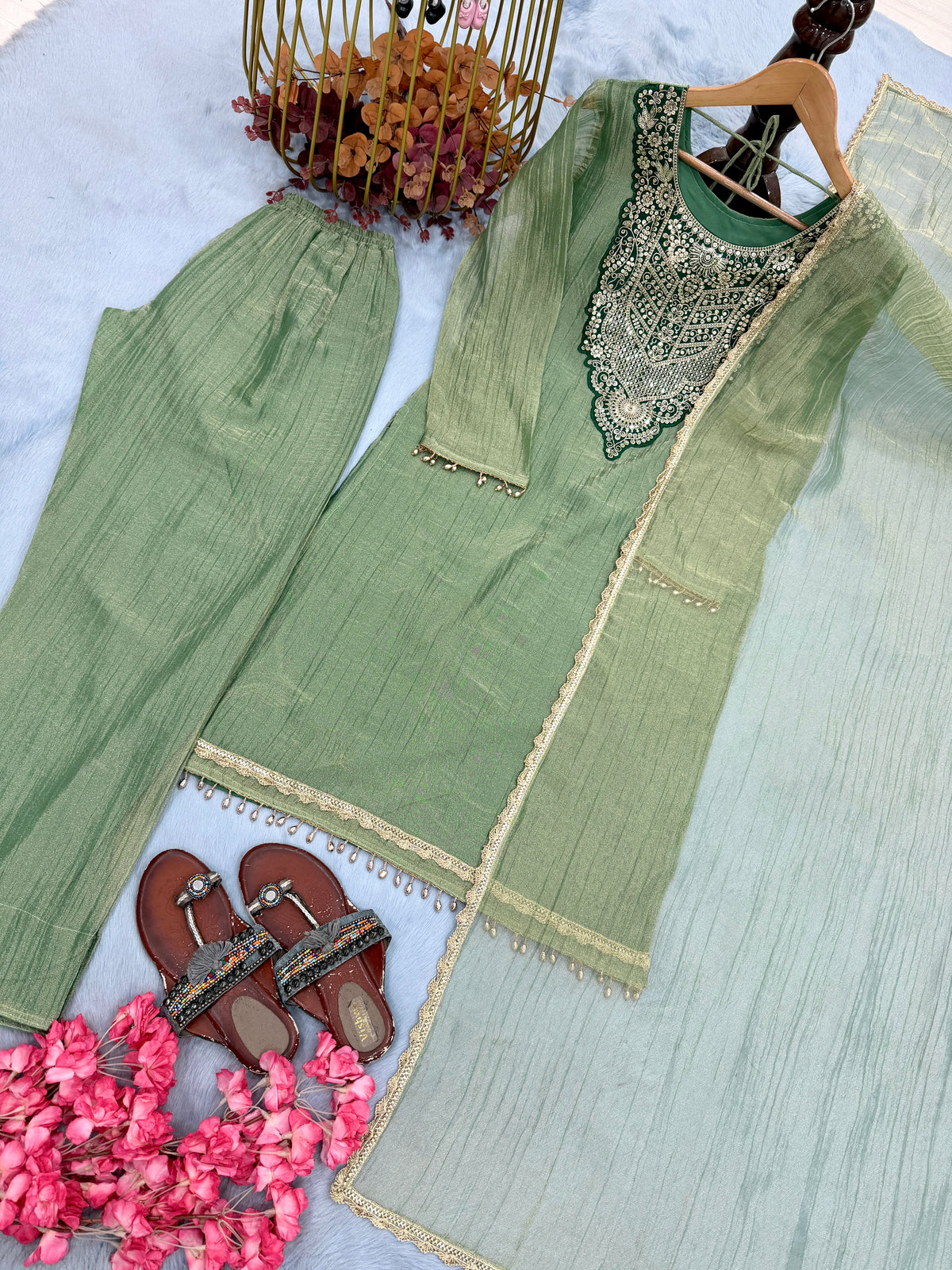 Sage Green Tissue Kurta Palazzo Set, view 6