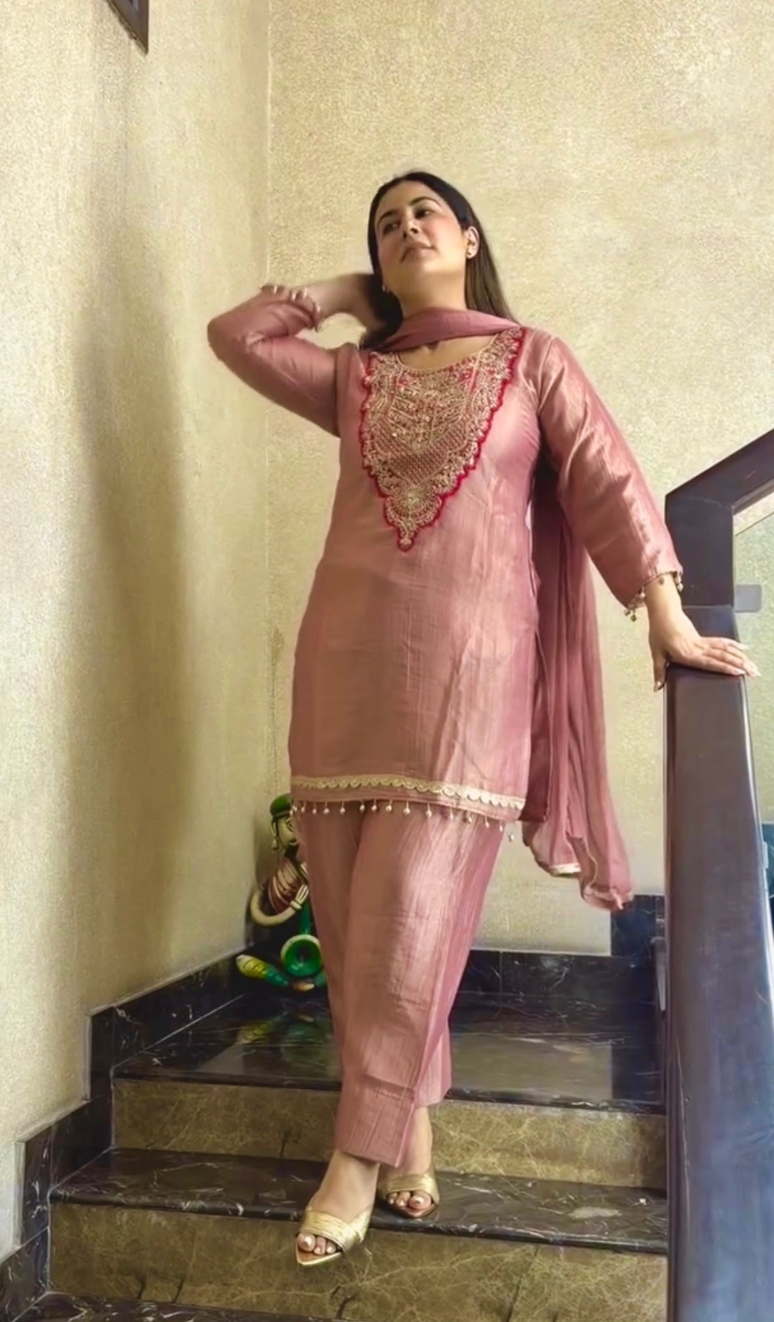 Dusty Pink Tissue Kurta Palazzo Set, view 3