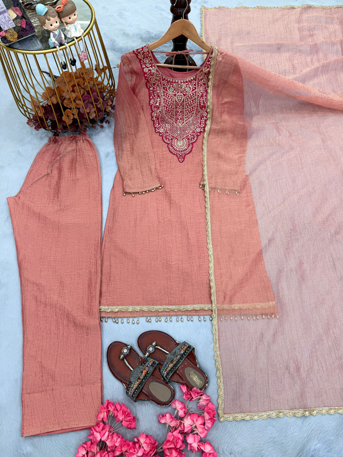 Dusty Pink Tissue Kurta Palazzo Set, view 4