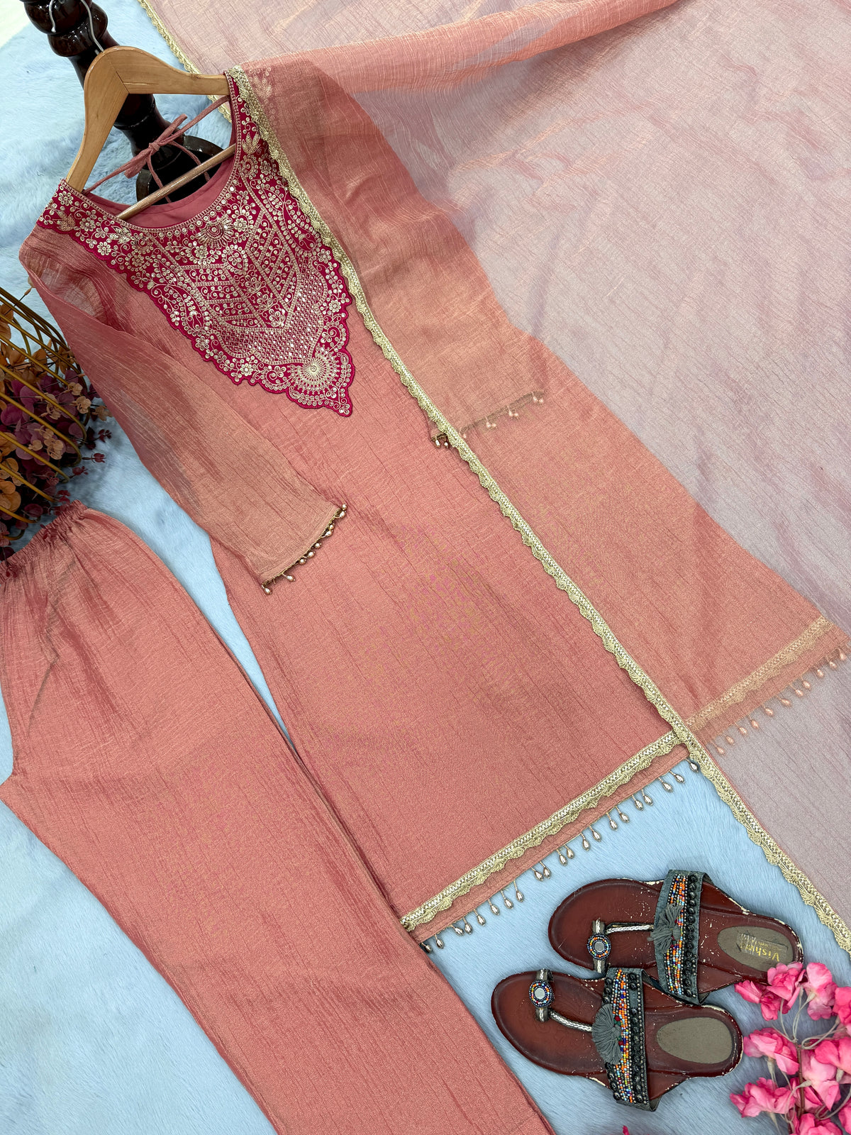 Dusty Pink Tissue Kurta Palazzo Set, view 5