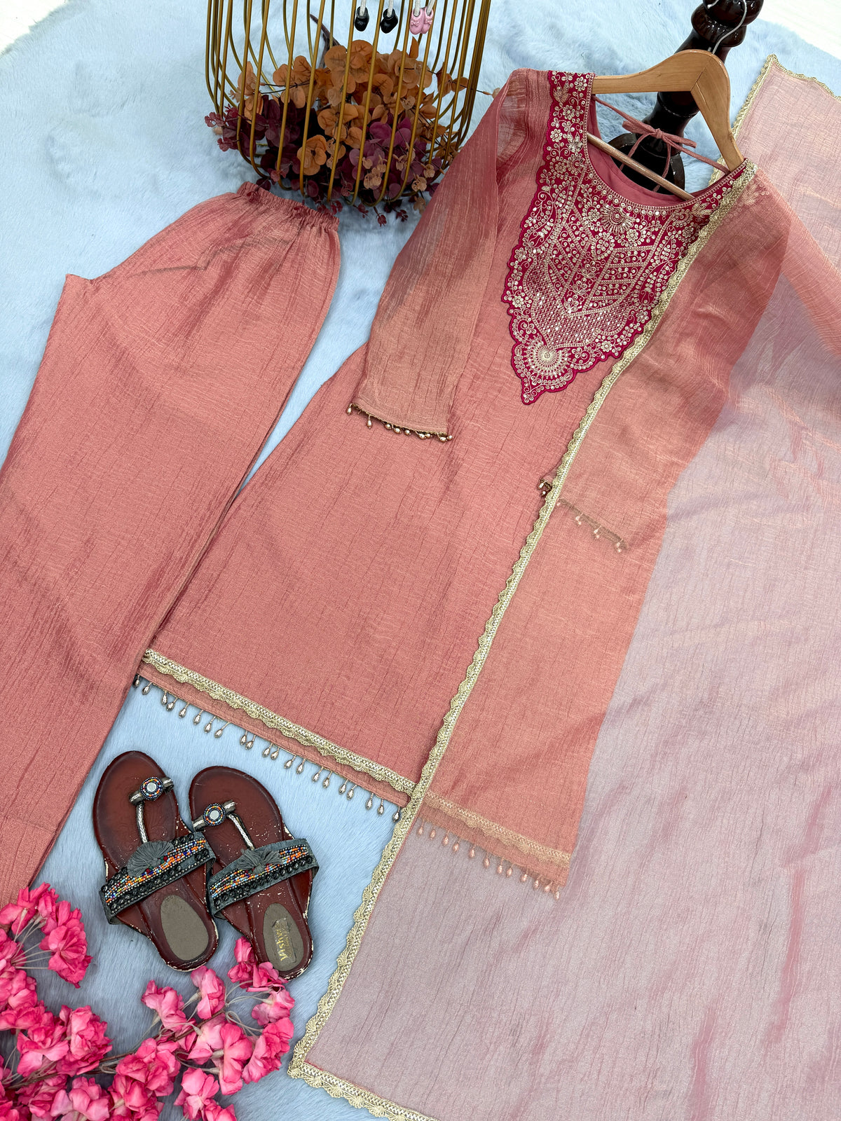 Dusty Pink Tissue Kurta Palazzo Set, view 6