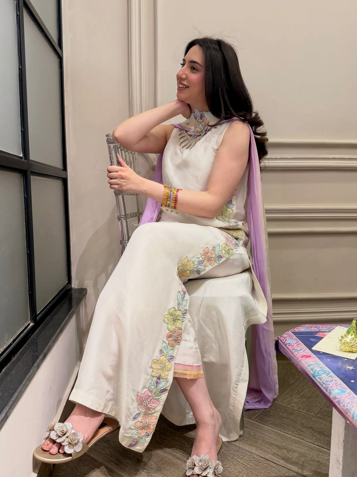 Ivory Satin Kaftan Set with Shaded Dupatta, sleeveless style
