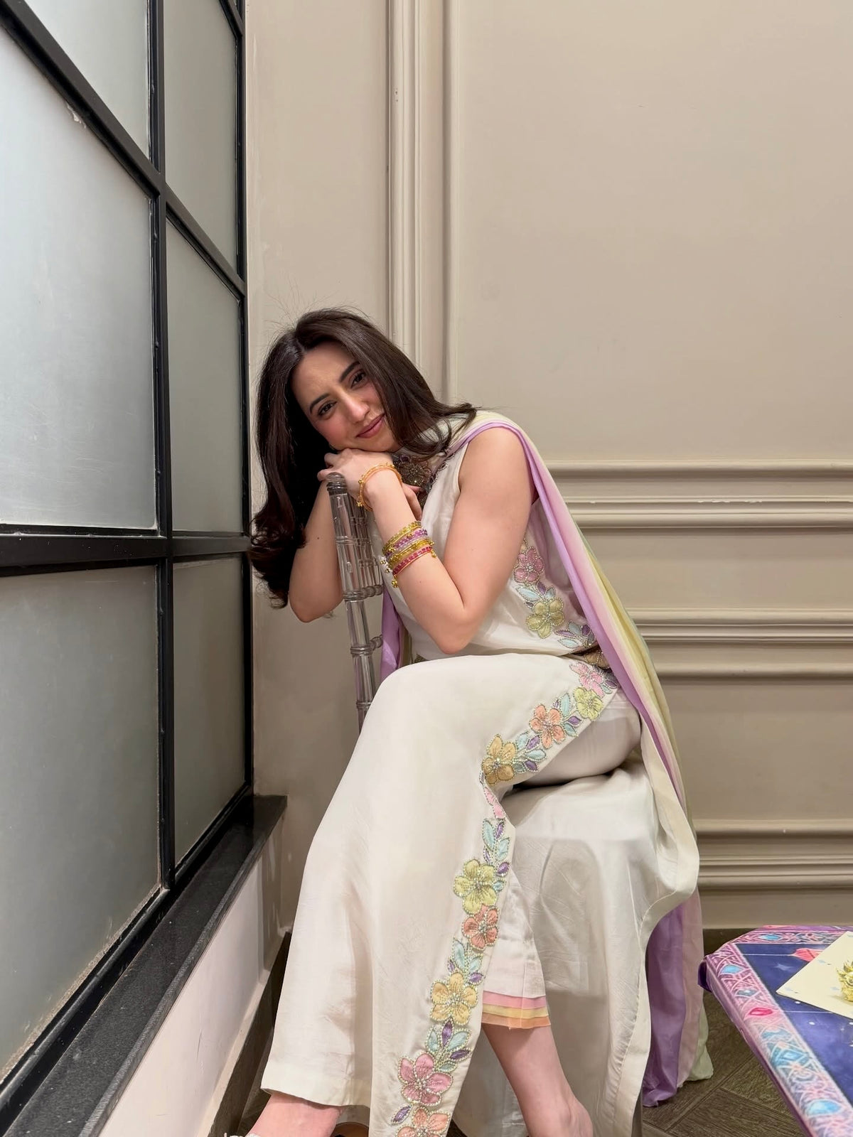 Ivory Satin Kaftan Set with Shaded Dupatta, view 8