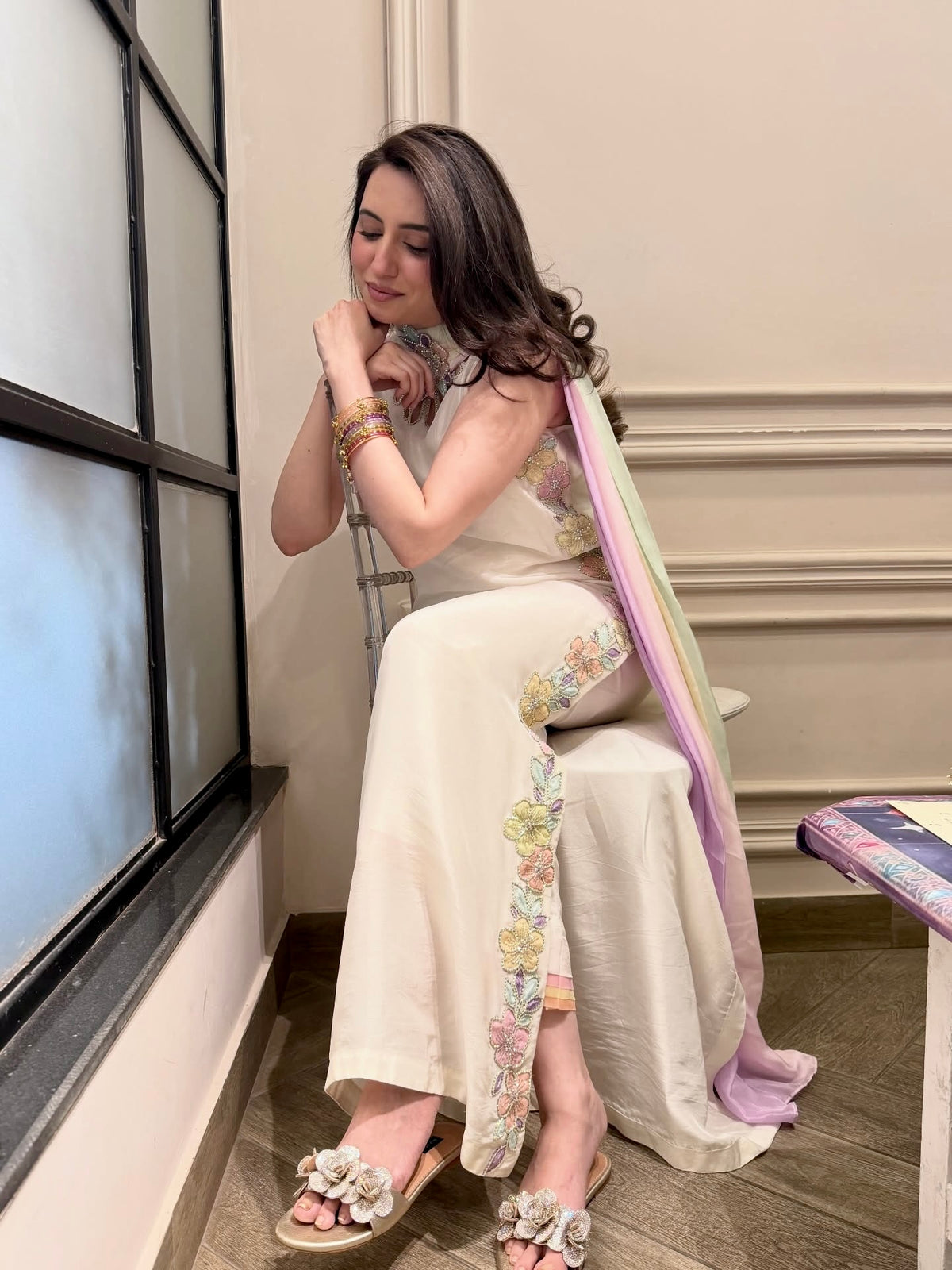 Ivory Satin Kaftan Set with Shaded Dupatta, view 9