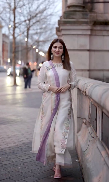 Ivory Satin Kaftan Set with Shaded Dupatta
