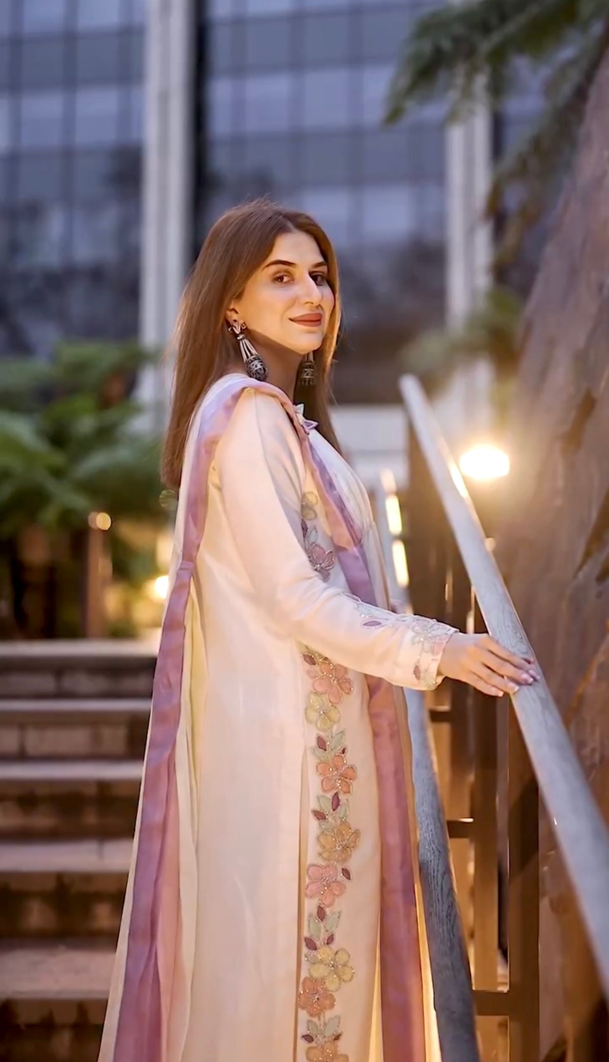 Ivory Satin Kaftan Set with Shaded Dupatta, view 2