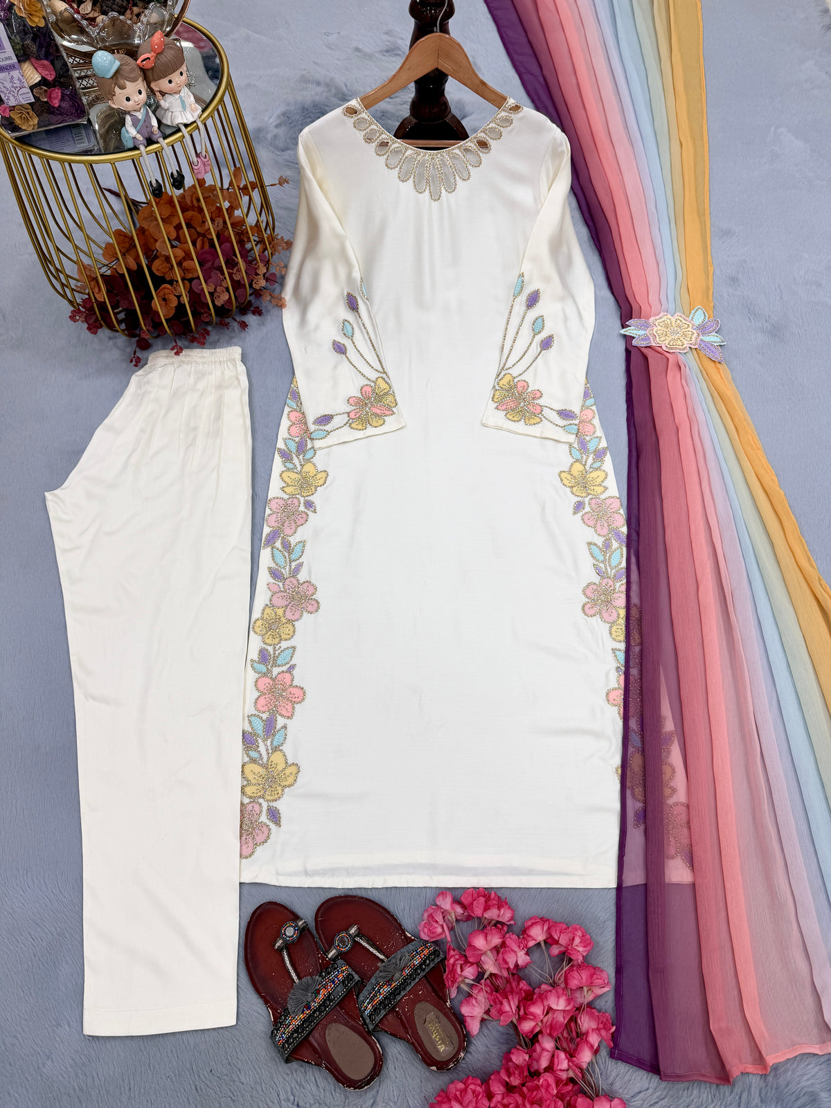 Ivory Satin Kaftan Set with Shaded Dupatta, view 3