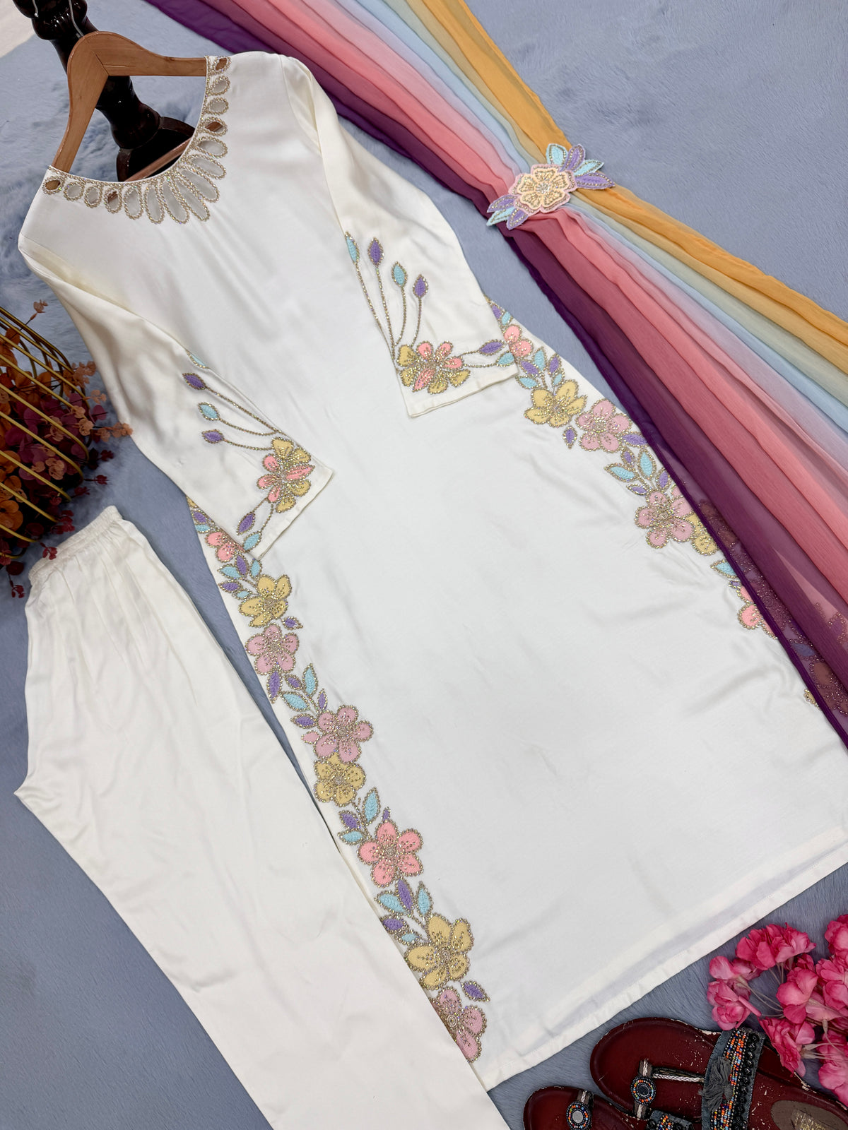 Ivory Satin Kaftan Set with Shaded Dupatta, view 4