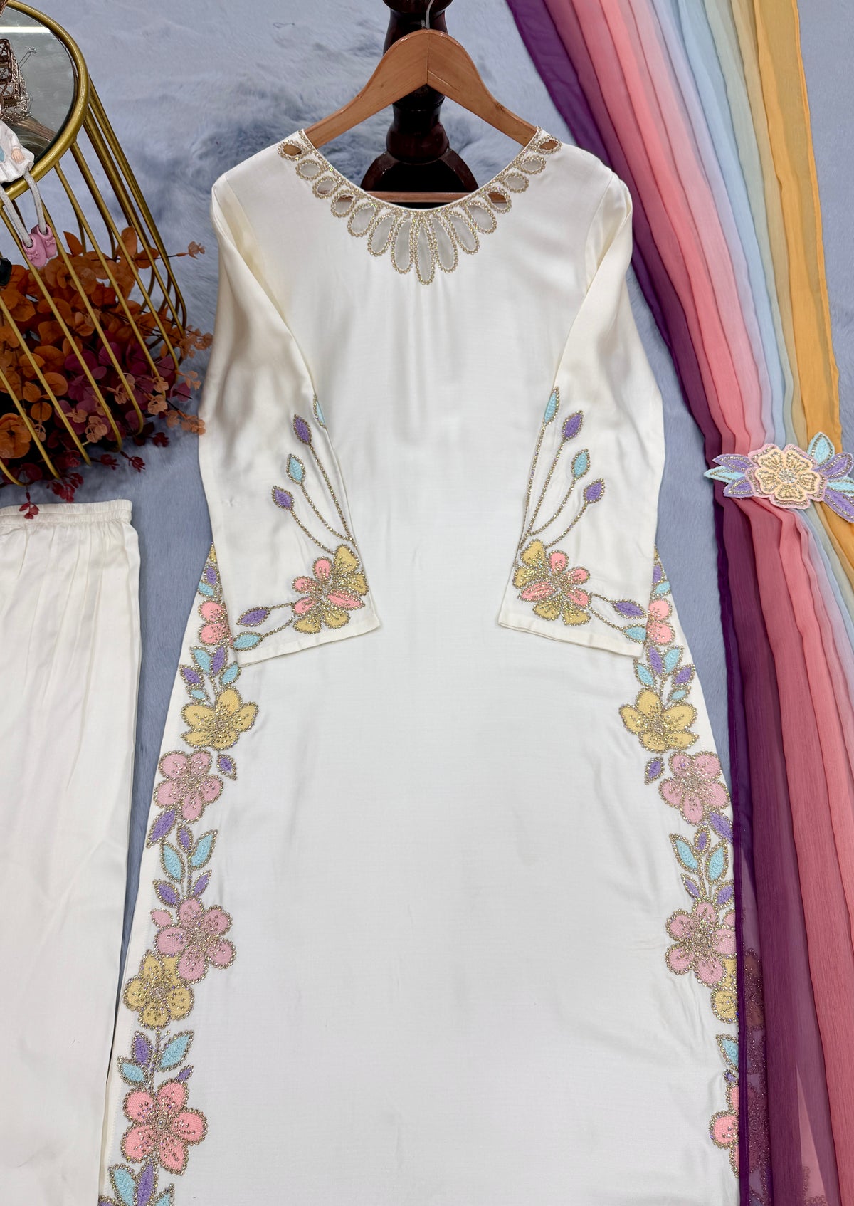 Ivory Satin Kaftan Set with Shaded Dupatta, view 6