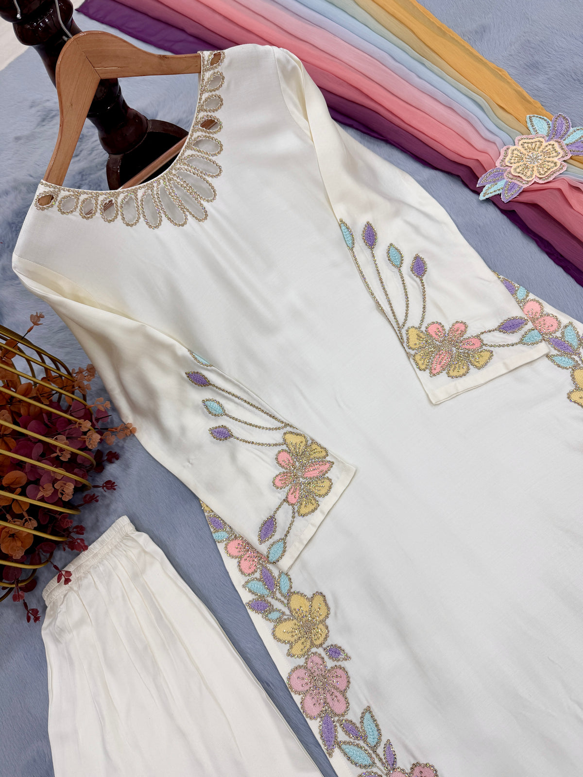 Ivory Satin Kaftan Set with Shaded Dupatta, view 5