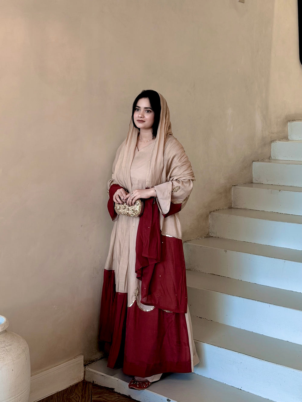 Beige Roman Silk Kaftan Palazzo Set