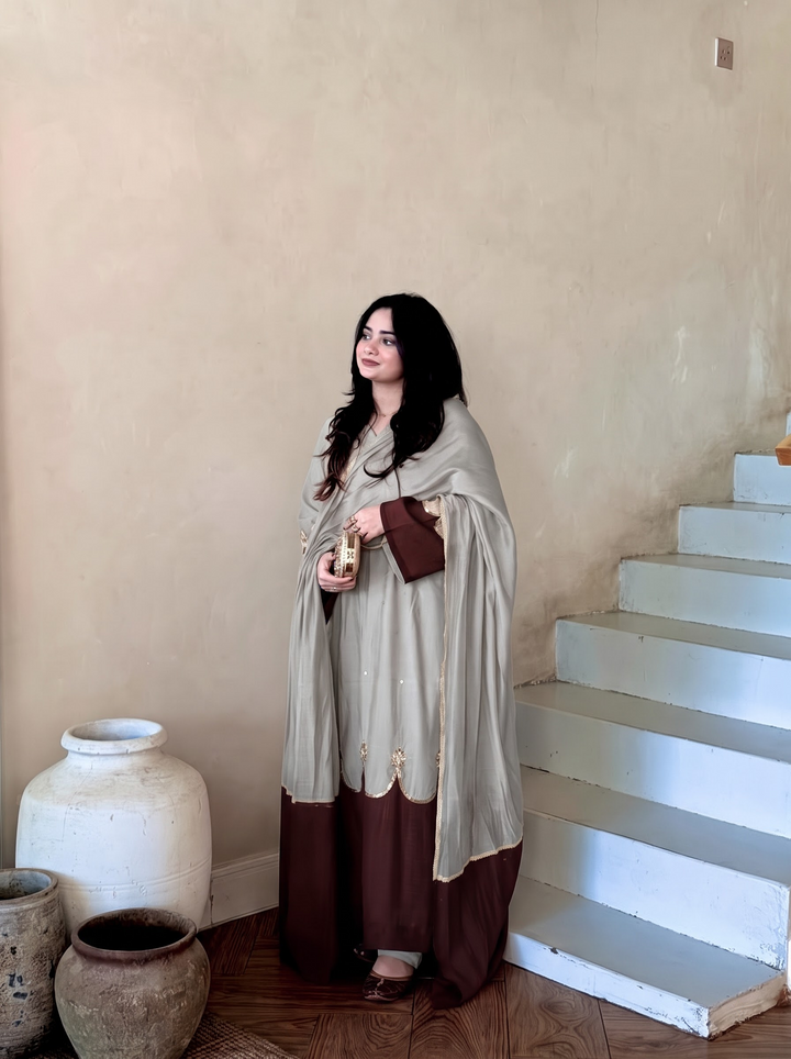 Grey Roman Silk Kaftan Palazzo Set