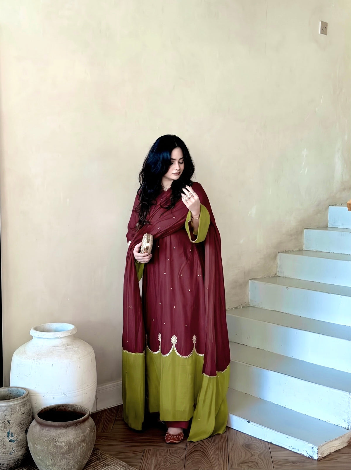 Wine Roman Silk Kaftan Palazzo Set