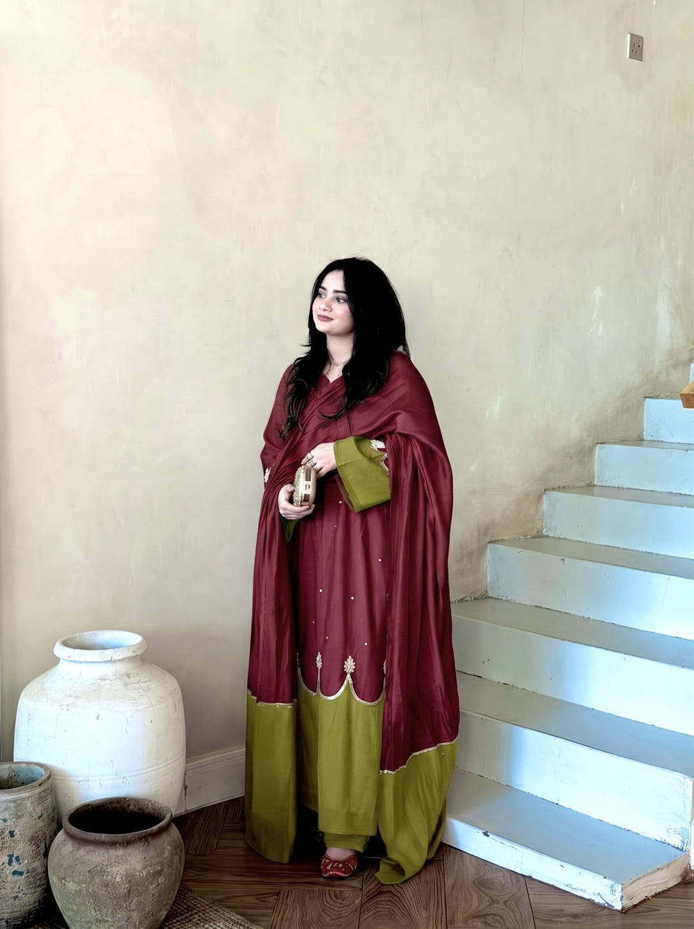 Wine Roman Silk Kaftan Palazzo Set, view 3