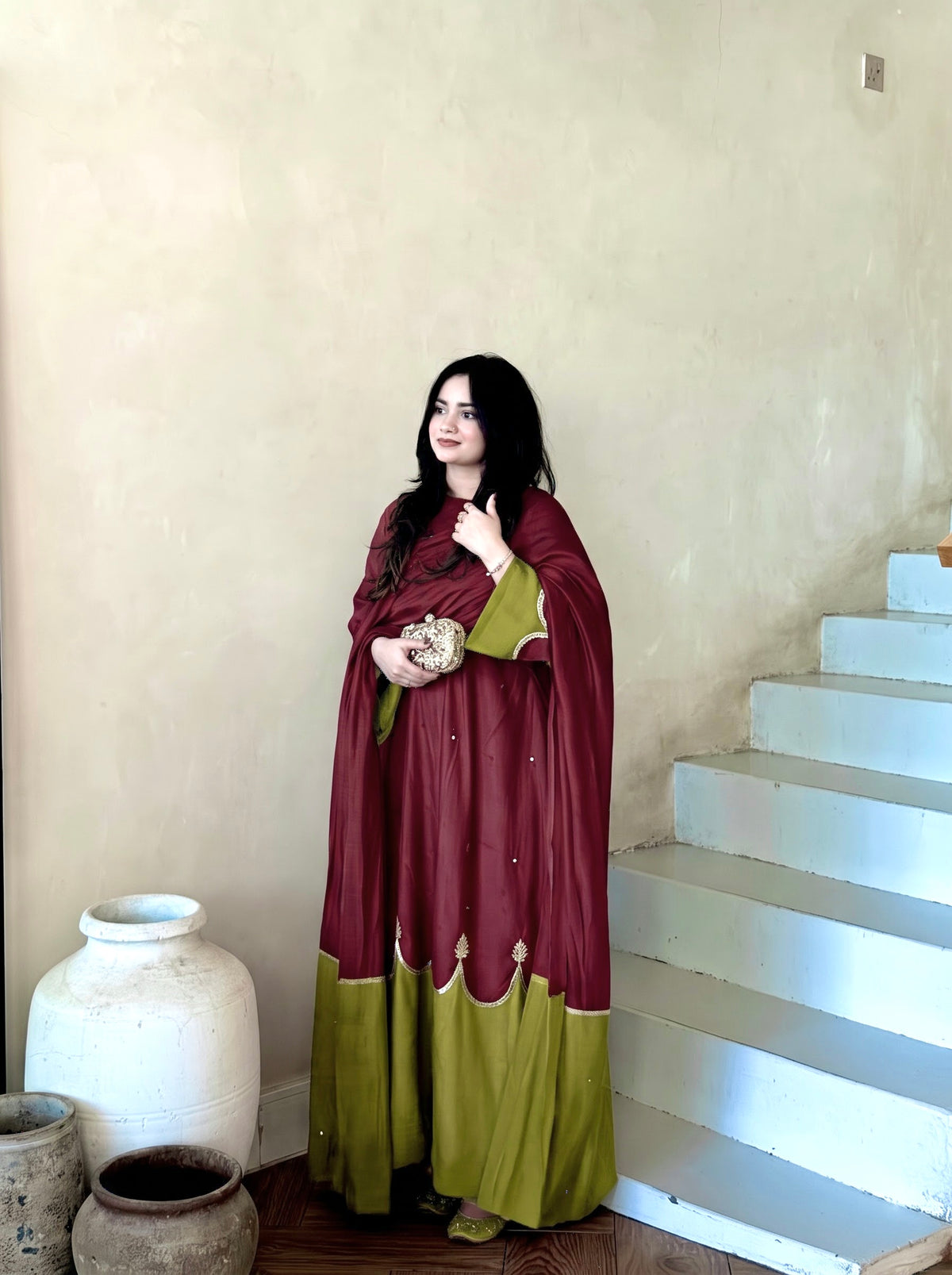 Wine Roman Silk Kaftan Palazzo Set, view 4
