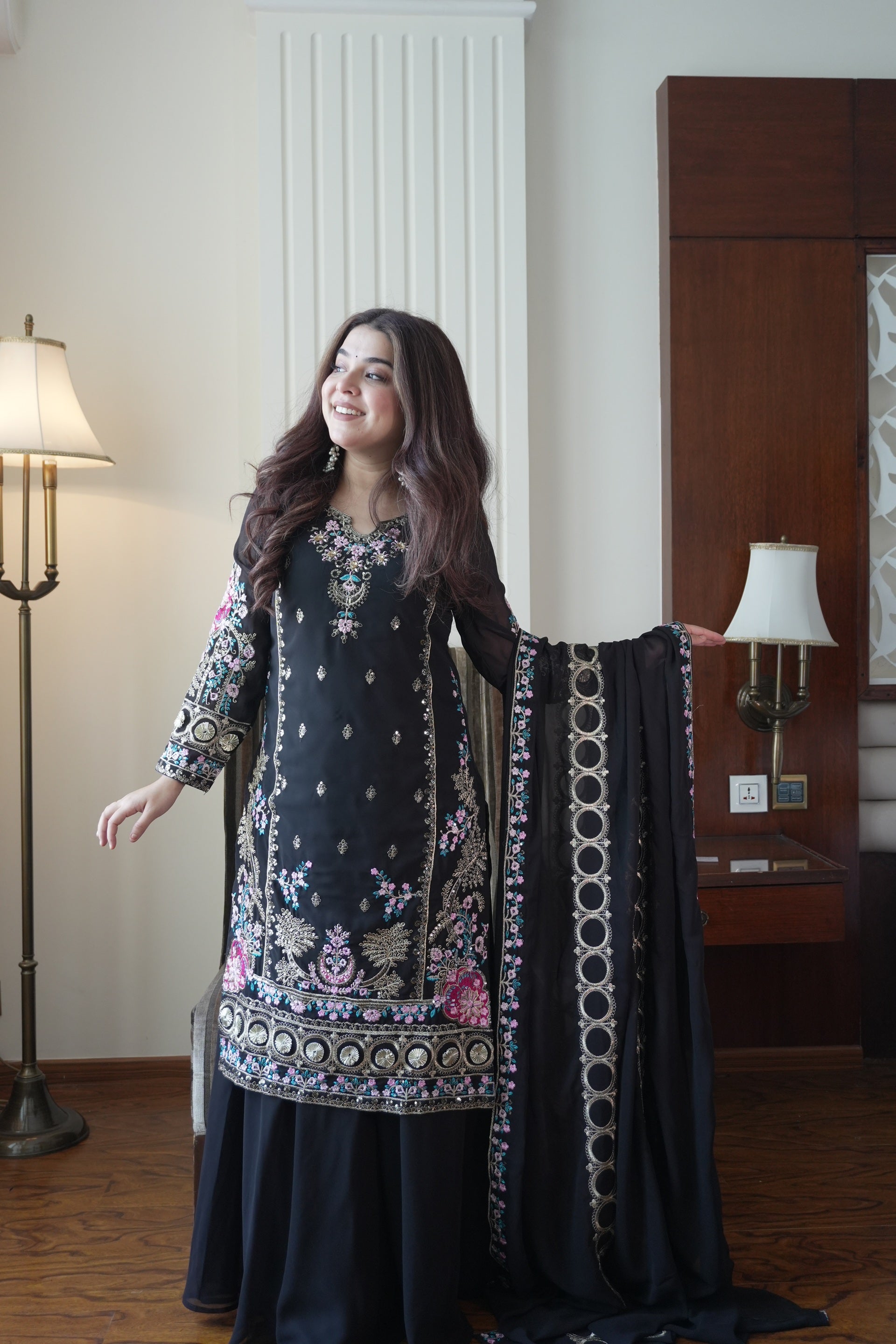 Elegant Black Fox Georgette Kurti Palazzo Set