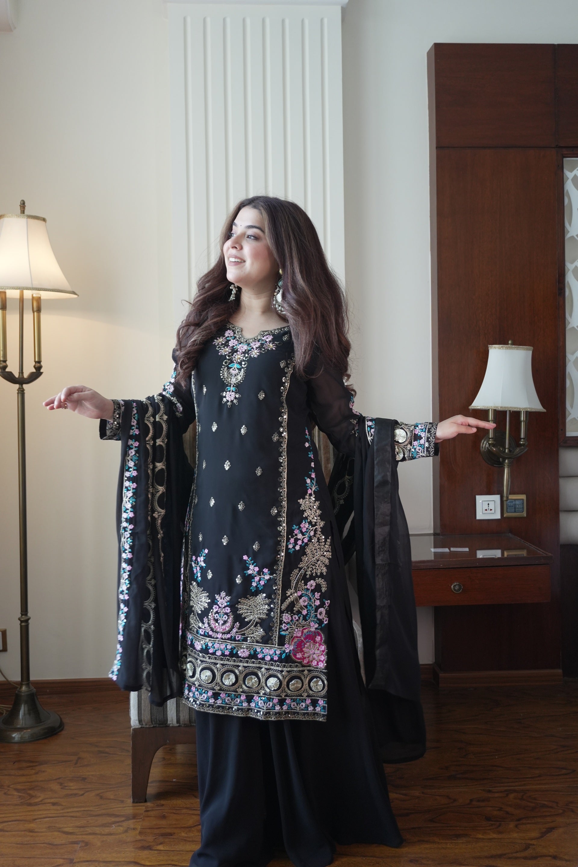 Elegant Black Fox Georgette Kurti Palazzo Set