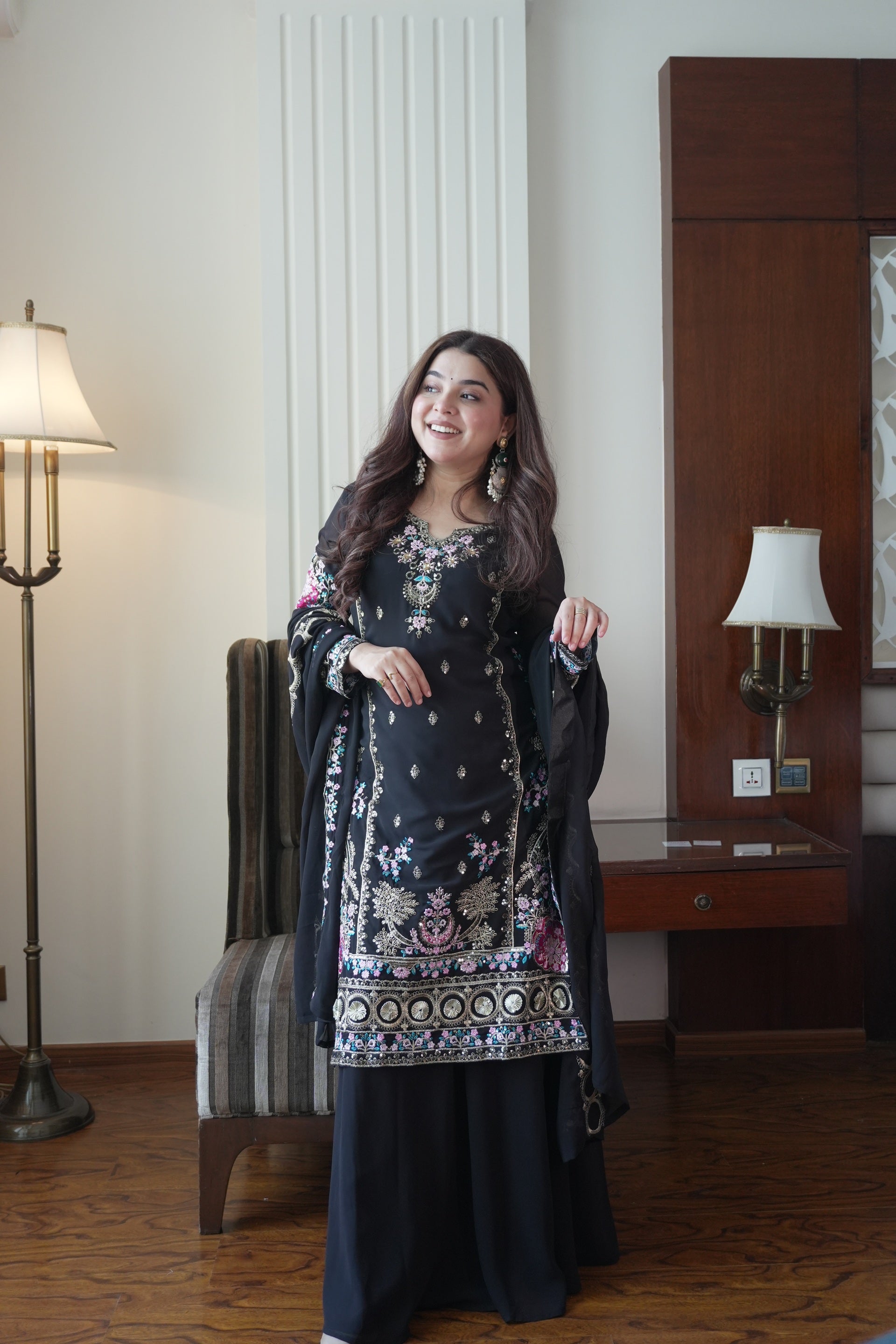 Elegant Black Fox Georgette Kurti Palazzo Set