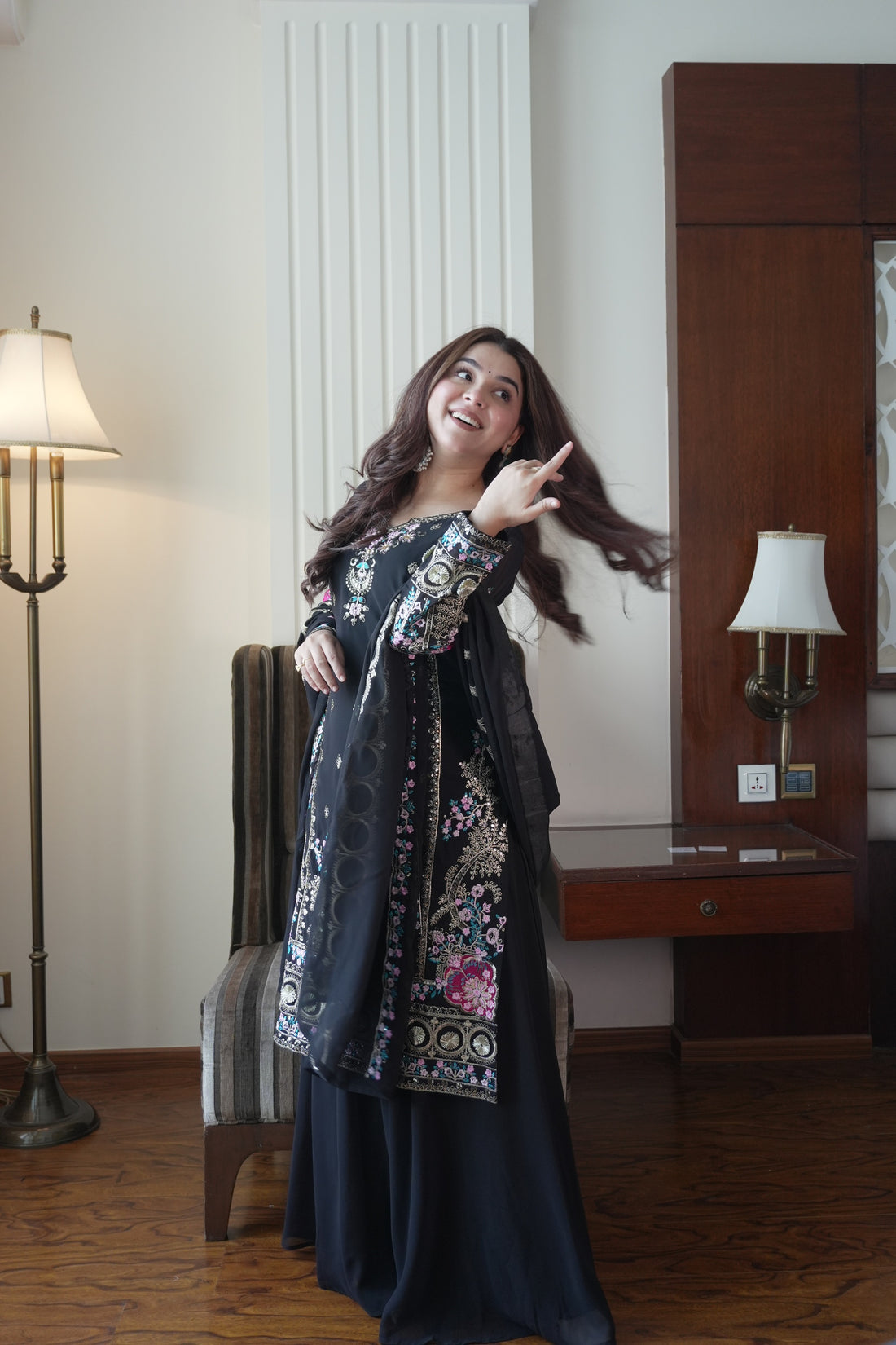 Elegant Black Fox Georgette Kurti Palazzo Set