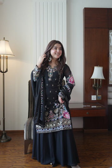 Elegant Black Fox Georgette Kurti Palazzo Set
