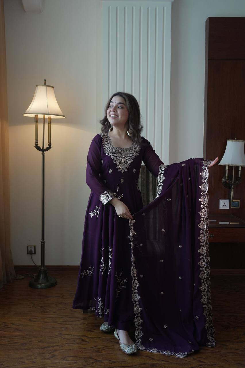Plum Faux Georgette Sequin Anarkali Gown Set