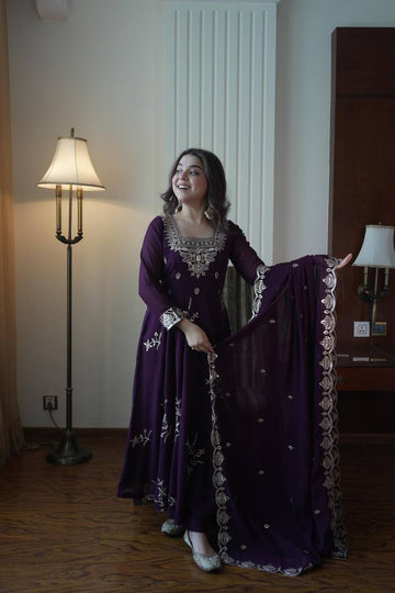 Plum Faux Georgette Sequin Anarkali Gown Set