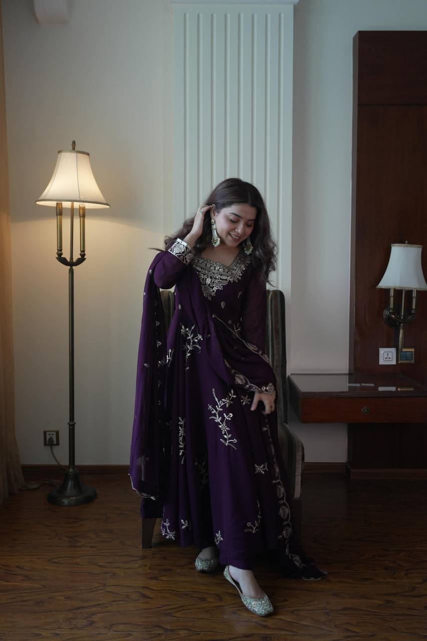 Plum Faux Georgette Sequin Anarkali Gown Set, view 2