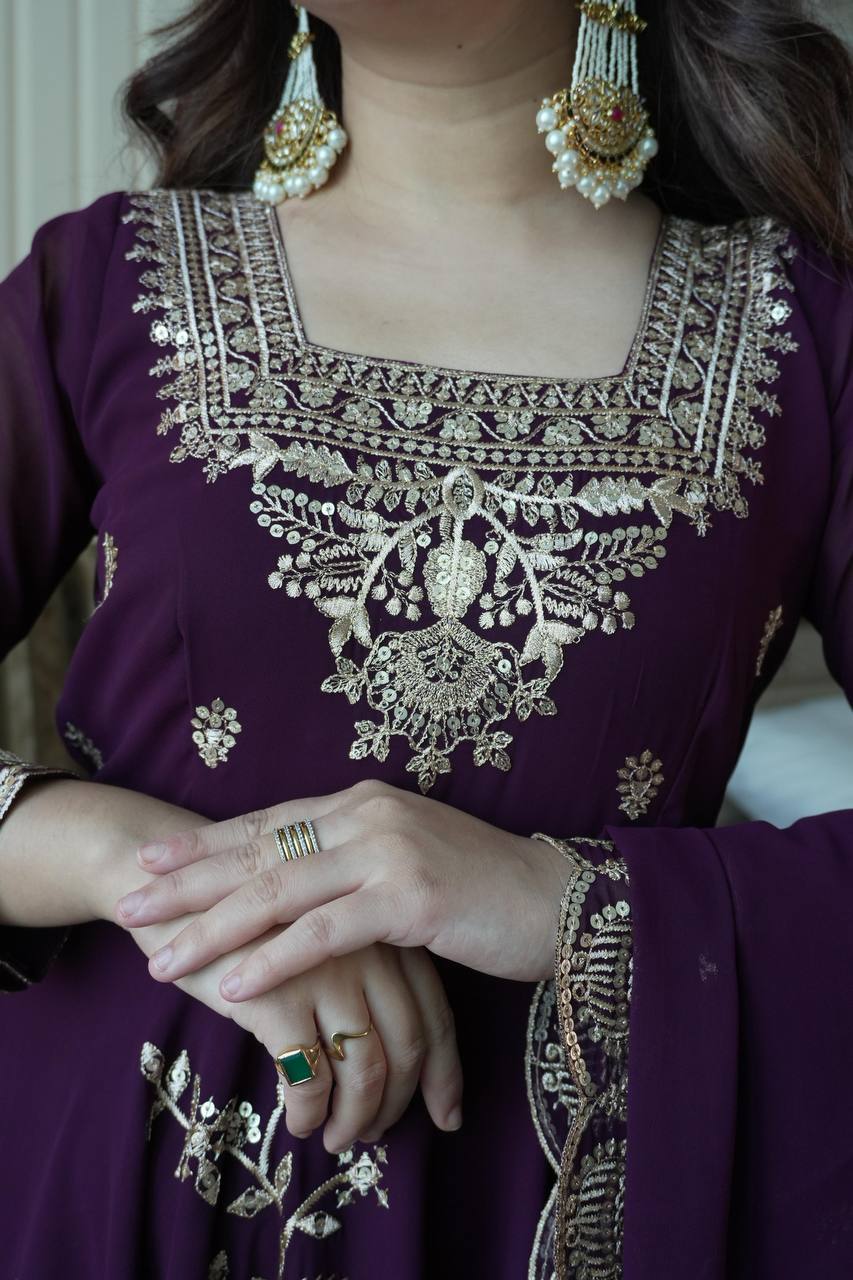 Plum Faux Georgette Sequin Anarkali Gown Set, view 3