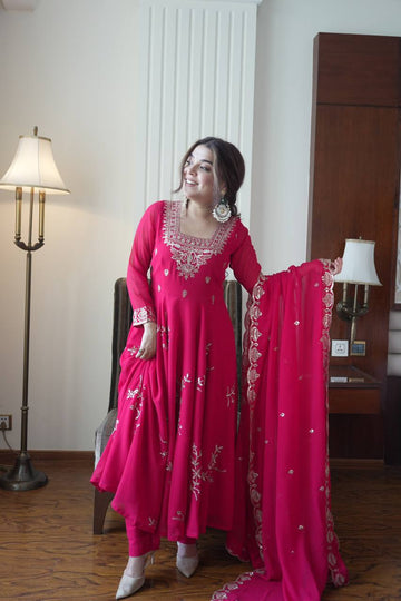 Rani Pink Faux Georgette Sequin Anarkali Gown Set