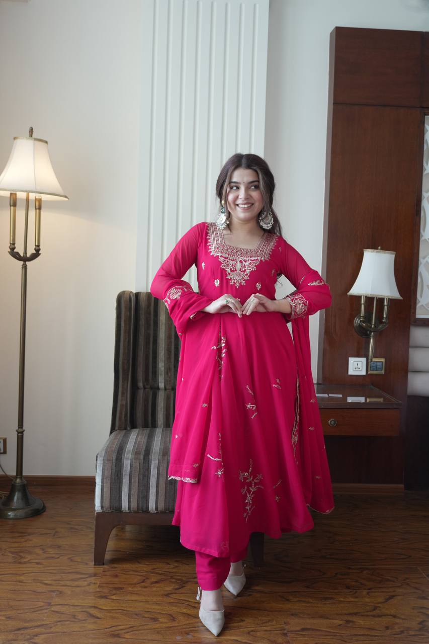 Rani Pink Faux Georgette Sequin Anarkali Gown Set, view 2