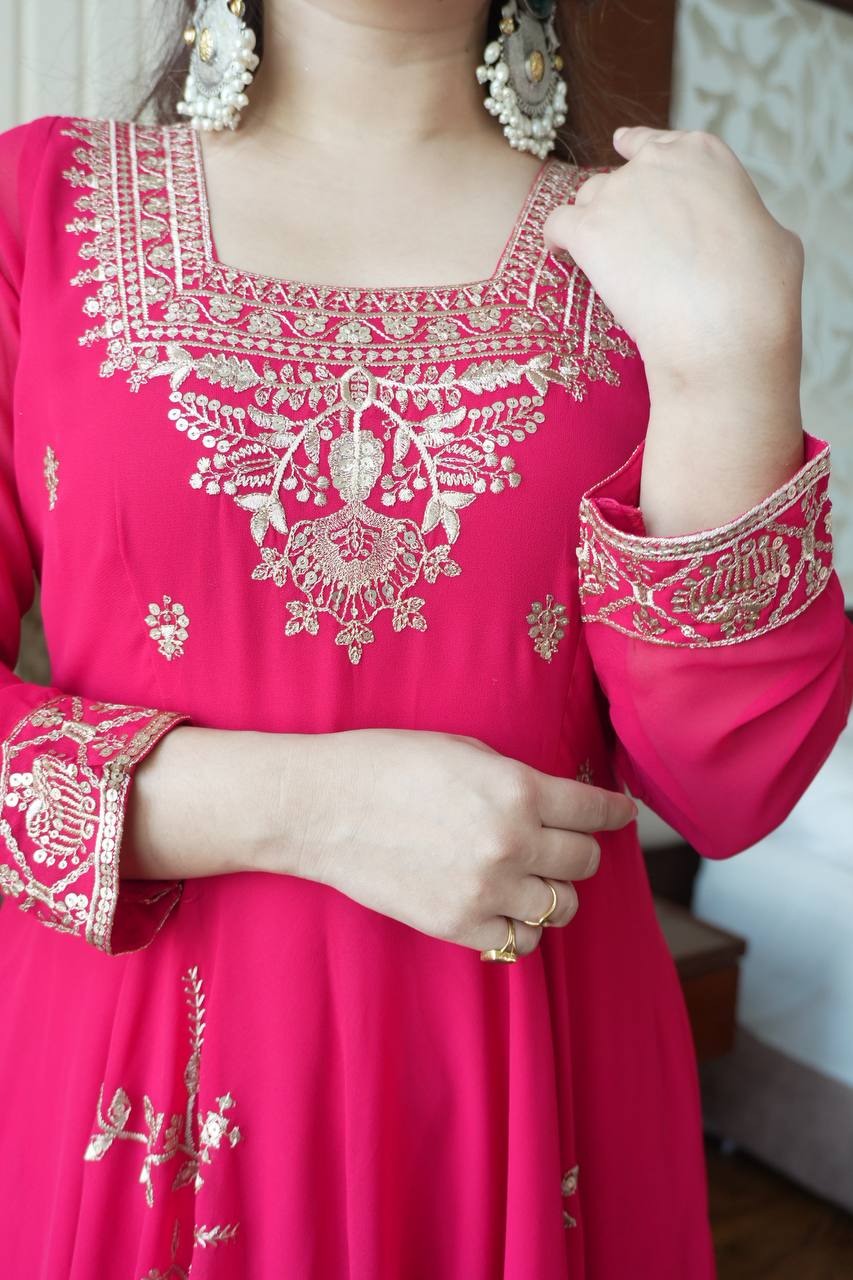 Rani Pink Faux Georgette Sequin Anarkali Gown Set, view 3