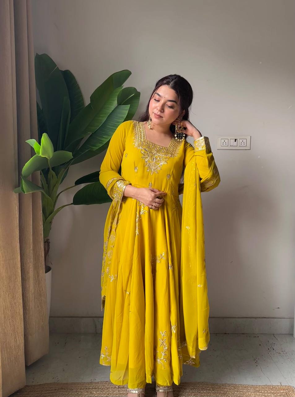 Mustard Yellow Faux Georgette Sequin Anarkali Gown Set