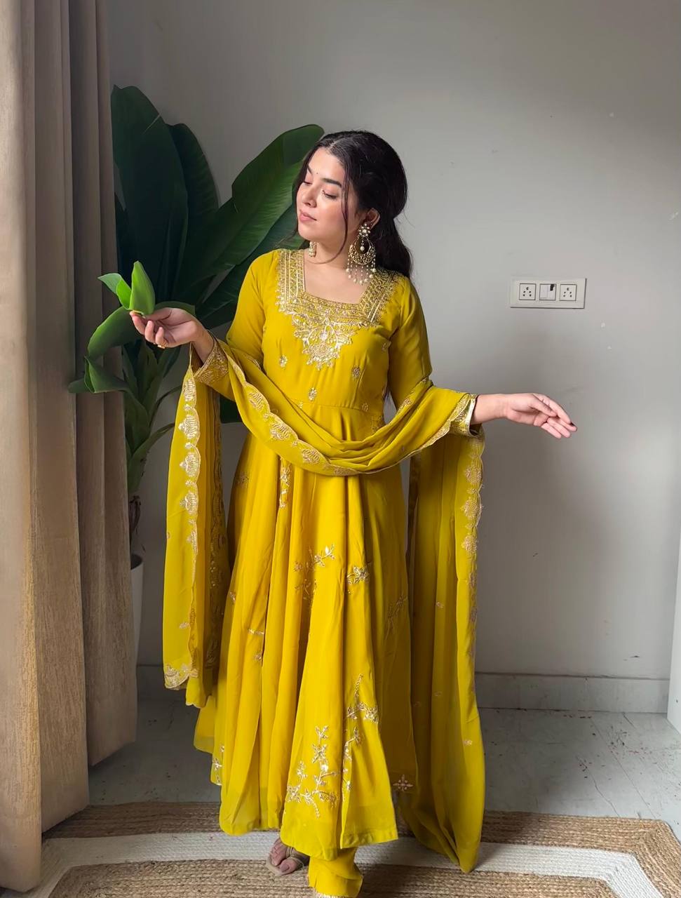 Mustard Yellow Faux Georgette Sequin Anarkali Gown Set, view 2