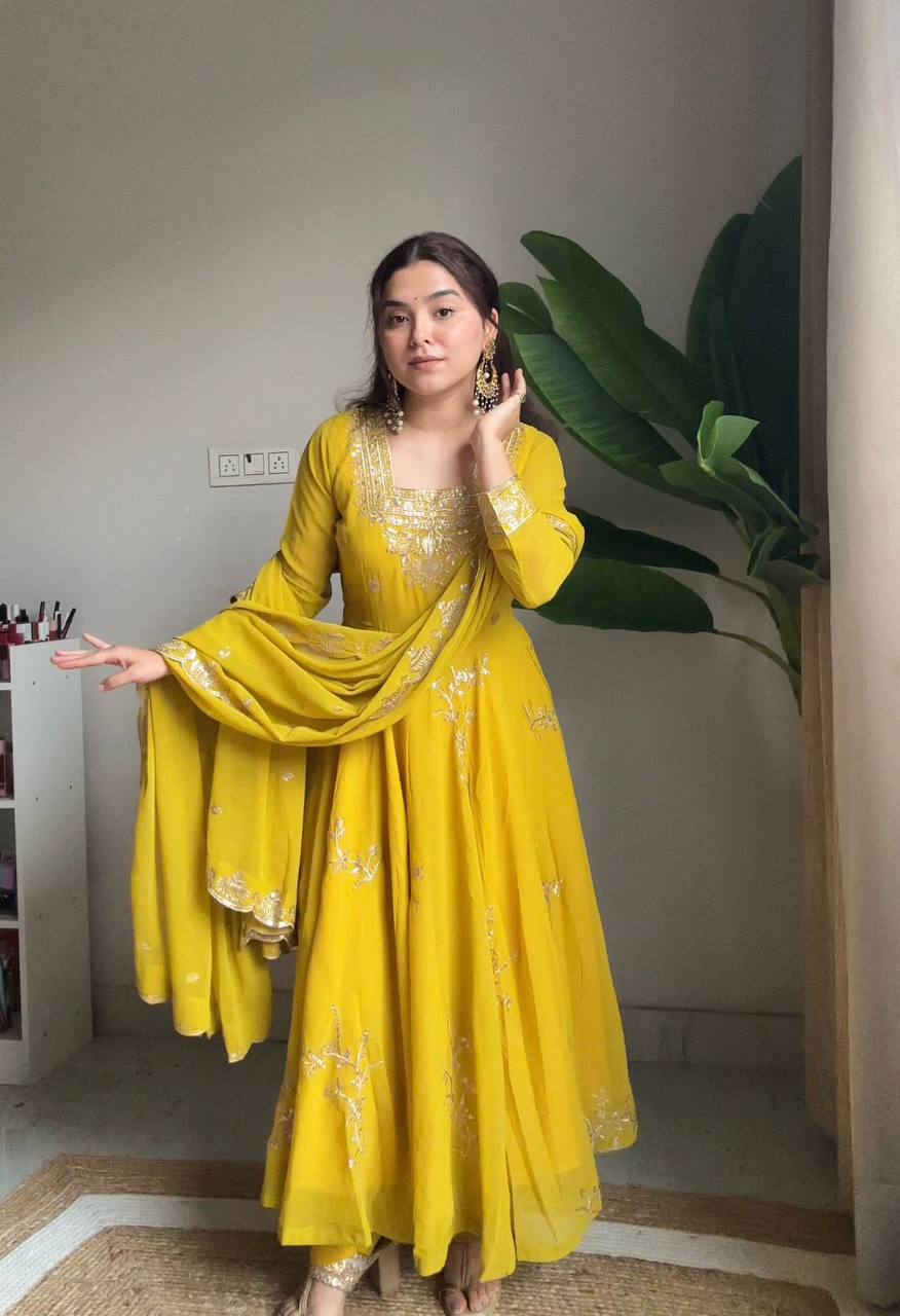 Mustard Yellow Faux Georgette Sequin Anarkali Gown Set, view 3