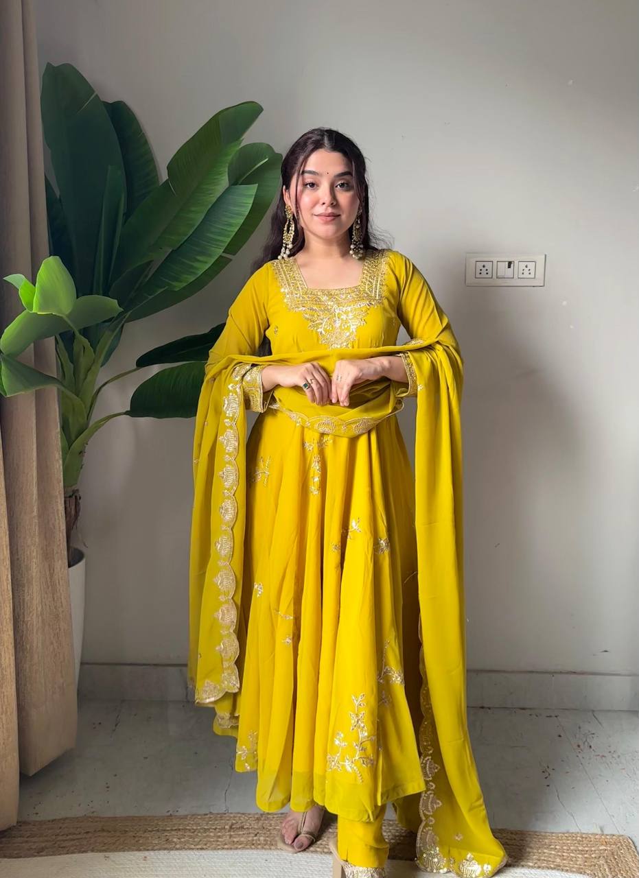 Mustard Yellow Faux Georgette Sequin Anarkali Gown Set, view 4