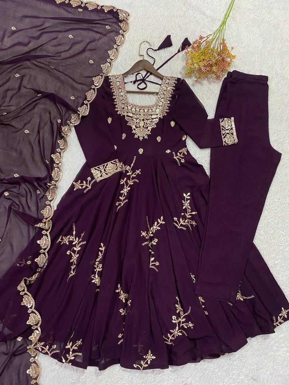 Plum Faux Georgette Sequin Anarkali Gown Set, view 4