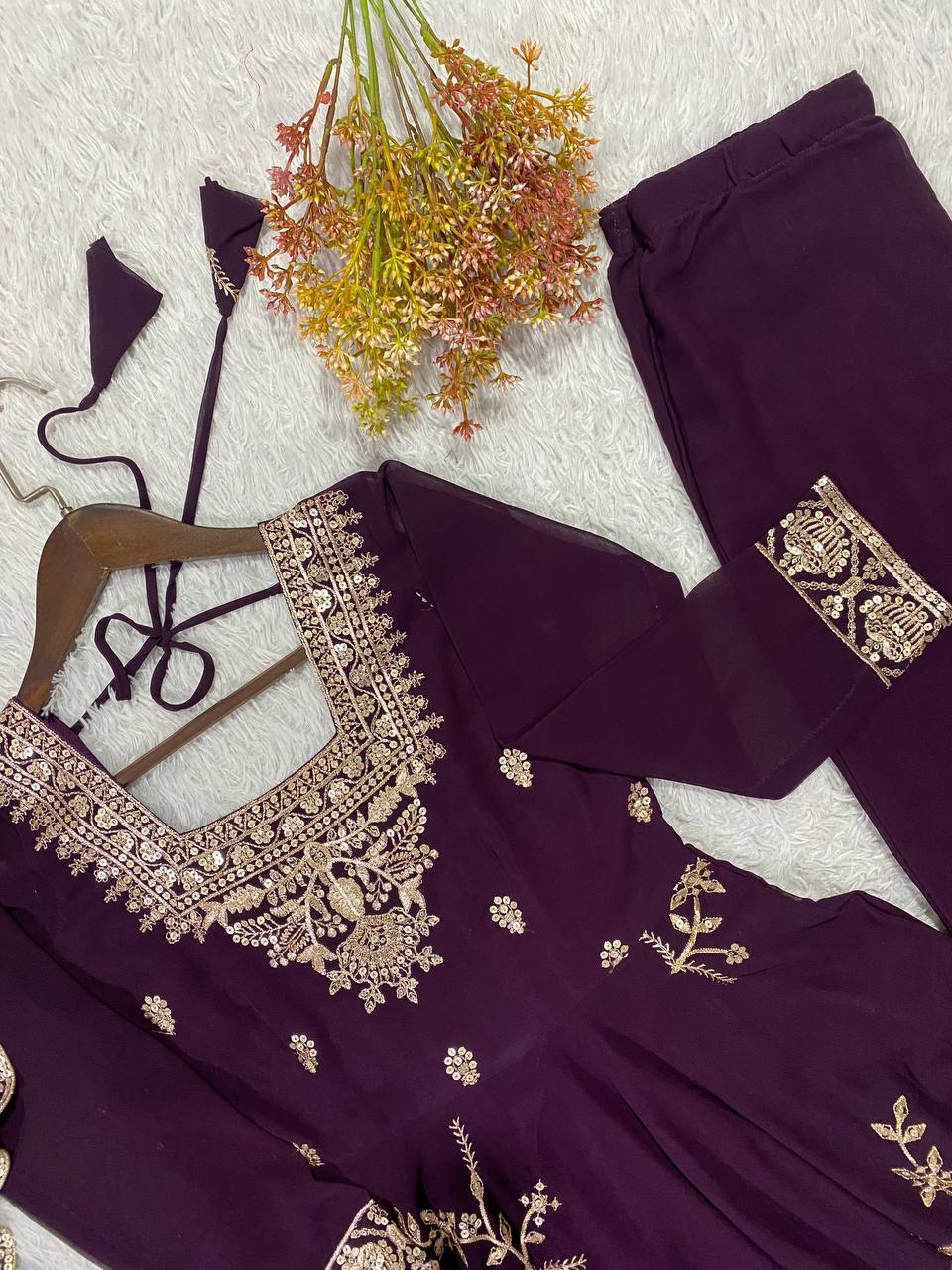Plum Faux Georgette Sequin Anarkali Gown Set, view 5