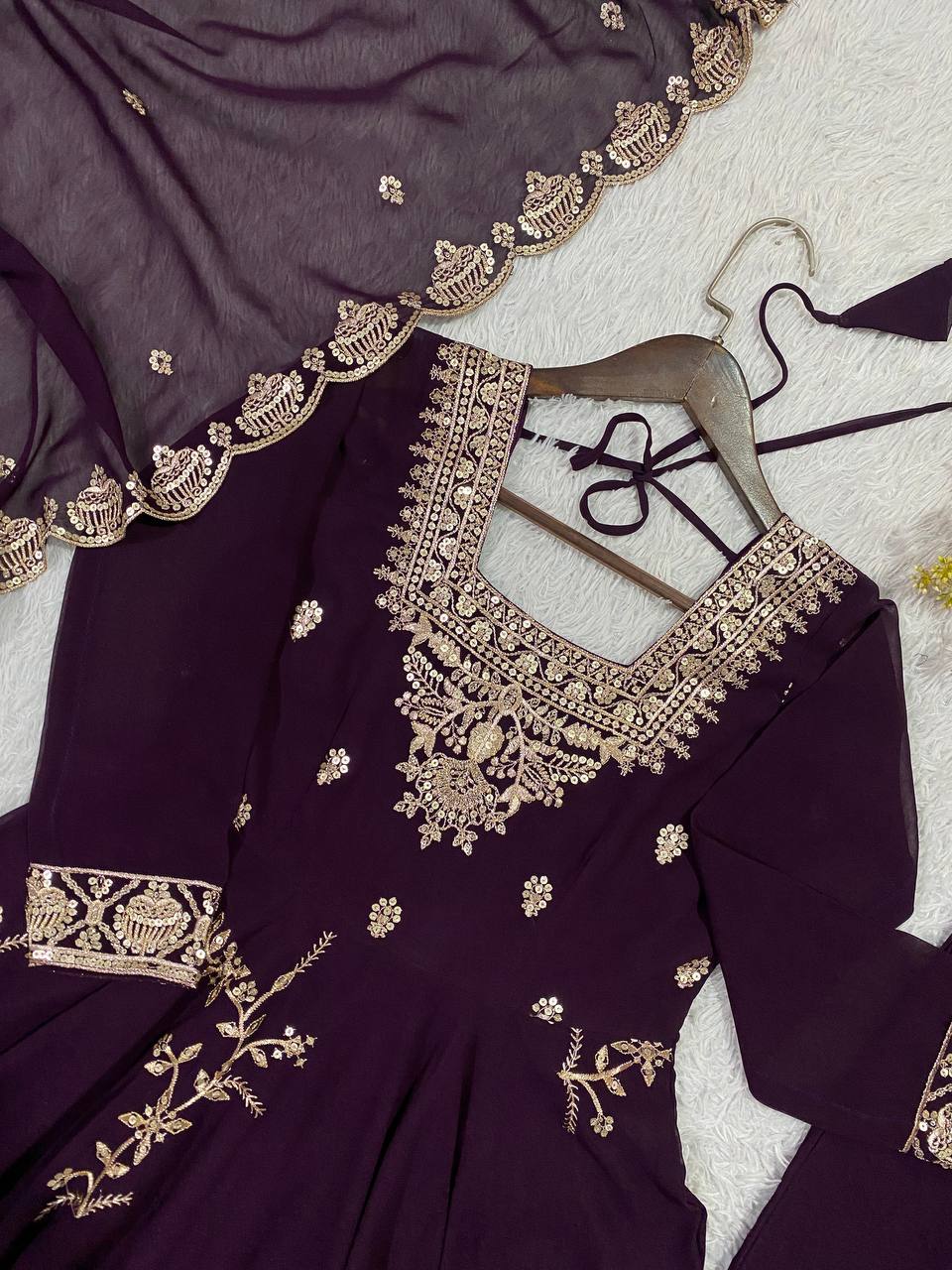 Plum Faux Georgette Sequin Anarkali Gown Set, view 6