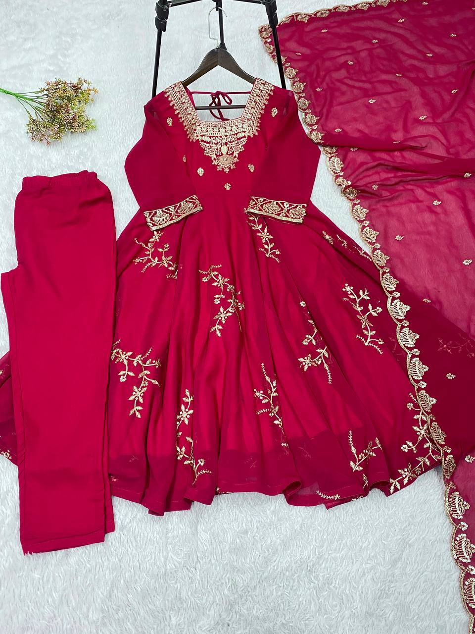 Rani Pink Faux Georgette Sequin Anarkali Gown Set, view 4